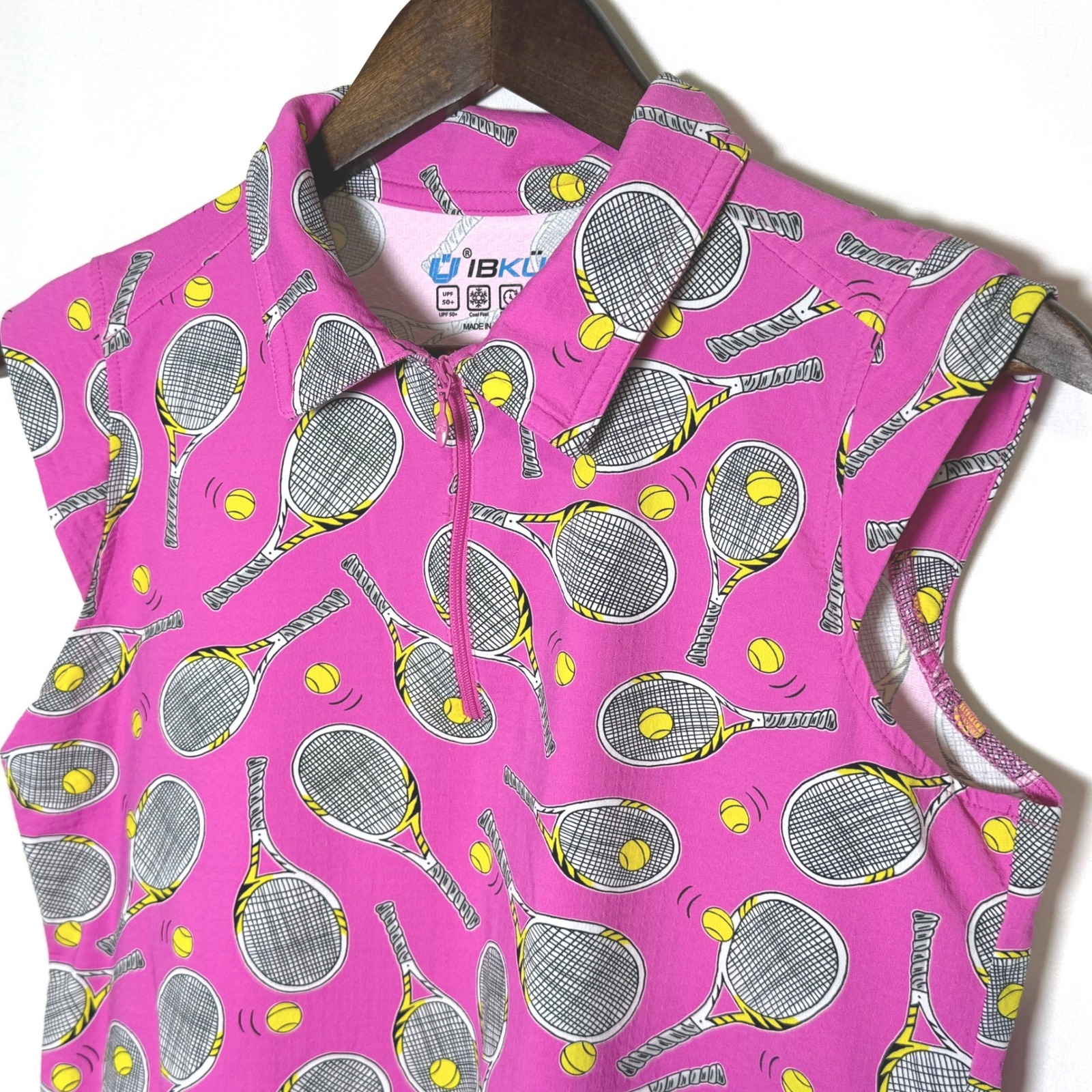 Ibkul Womens Pink Tennis Racket Print Sleeveless Quarter Zip Polo Shirt Large
